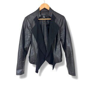 INC Black Faux Leather‎ Moto Cascade Open Jacket Ponte Knit with Pockets Size M